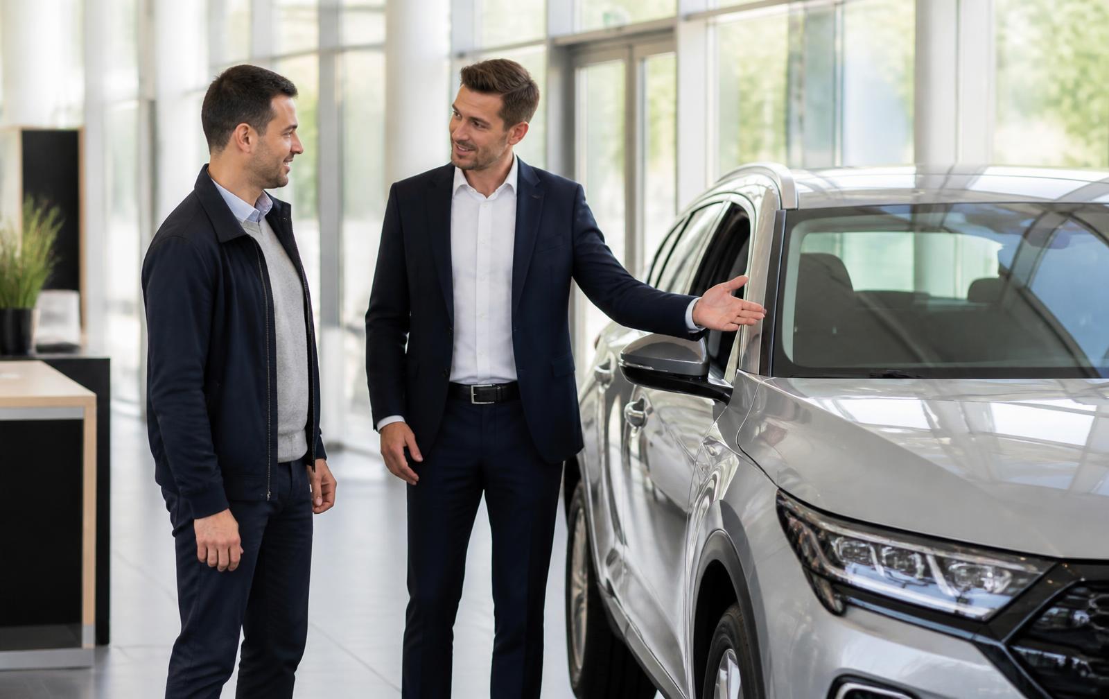 Verkaufsberater berät einen Kunden am Fahrzeug im Showroom