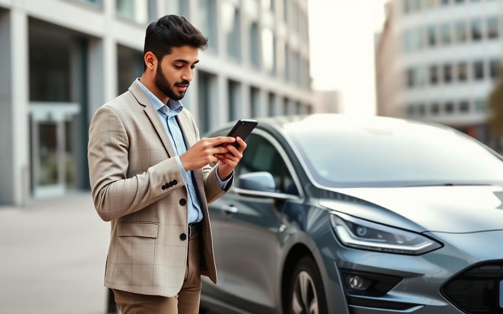 Kunde nutzt sein Auto-Abo per Smartphone neben dem Fahrzeug